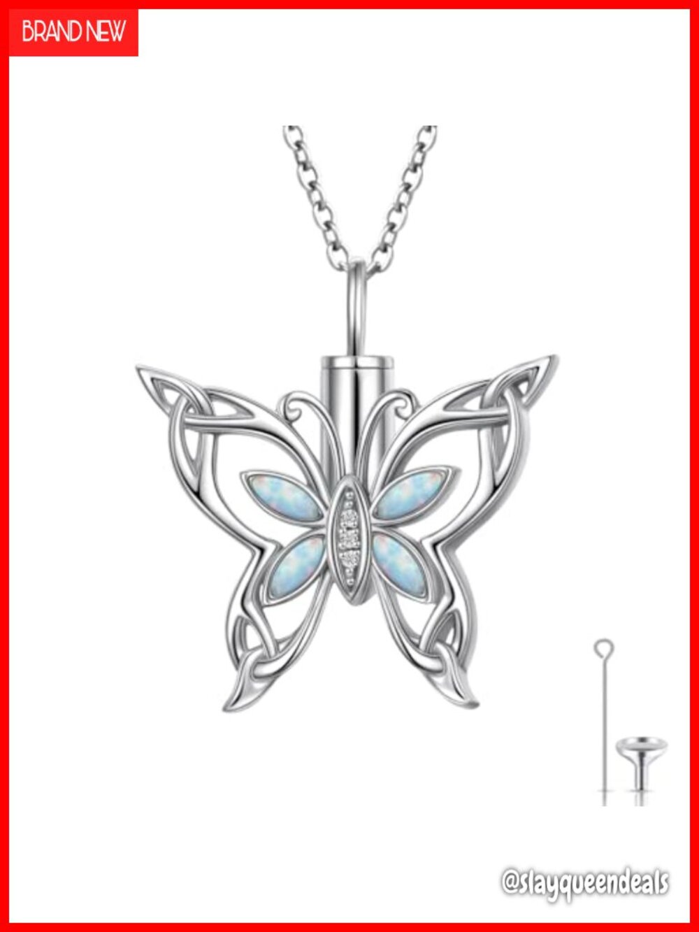 925 Sterling Silver Opal Butterfly Urn Necklace Cremation Pendant 18-20"